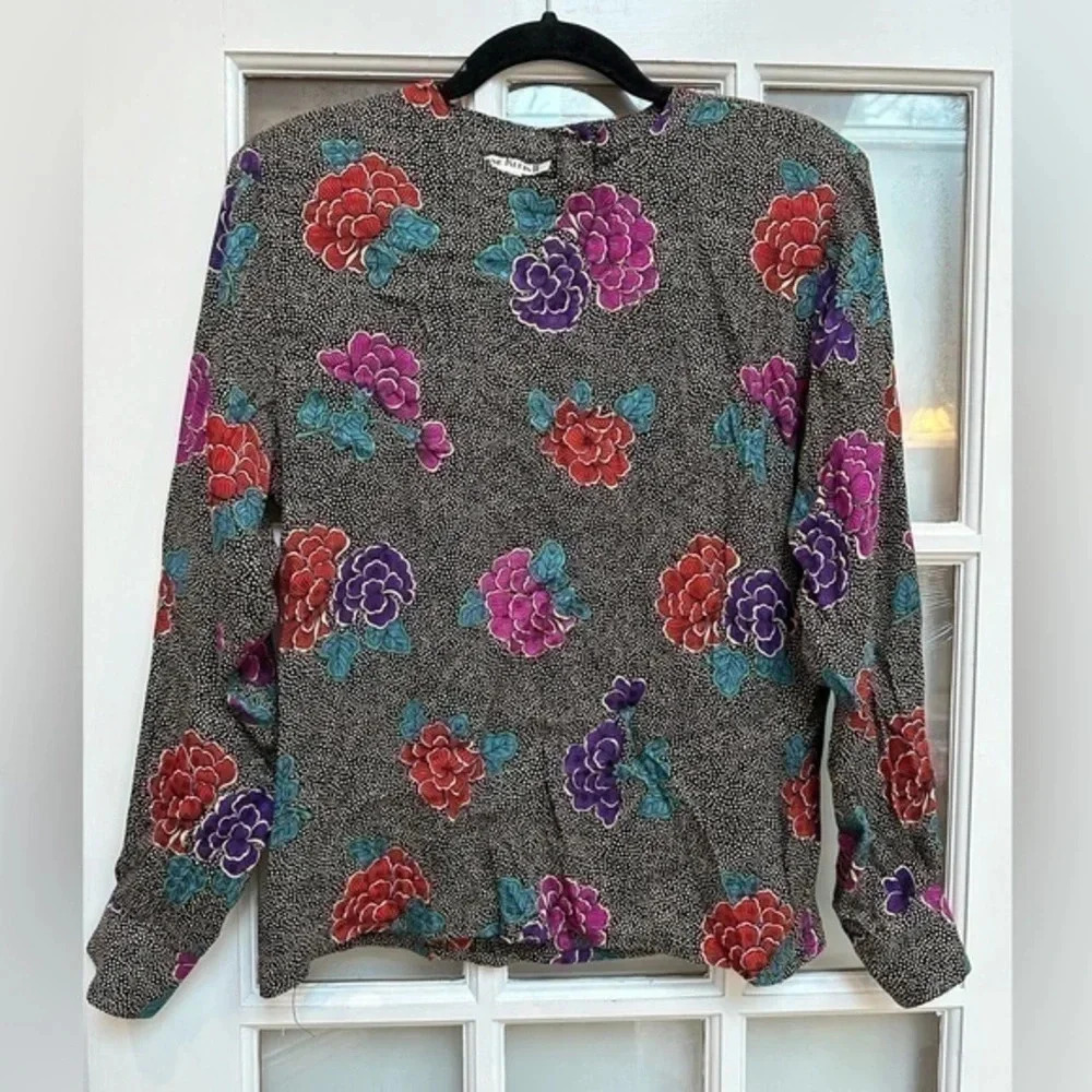 Vintage Anne Klein | Polka Dot Floral 100% Silk Long Sleeve Blouse Size S Small
